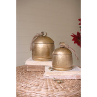 two gold christmas bell canisters holiday decor