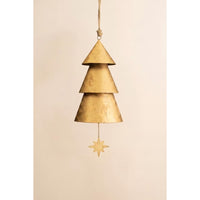 A hanging Christmas tree wind chime made of three stacked, textured metallic gold cones with a small star dangle, suspended against a solid beige background.