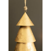 A tiered, cone-shaped hanging ornament in a textured metallic gold finish, suspended by a rope loop against a dark gray background.