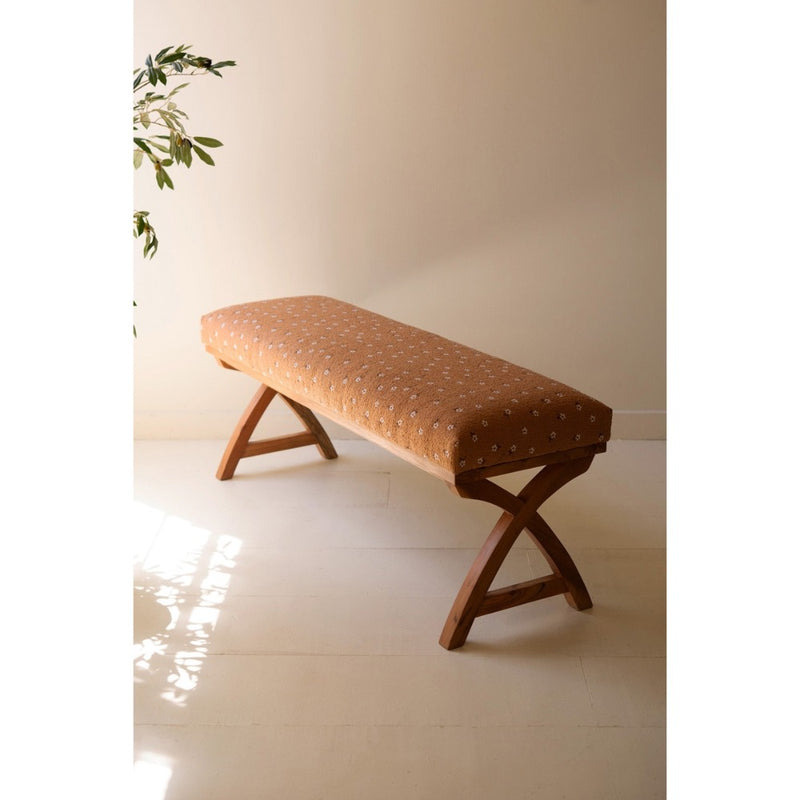 bench brown upholstered pink flowers