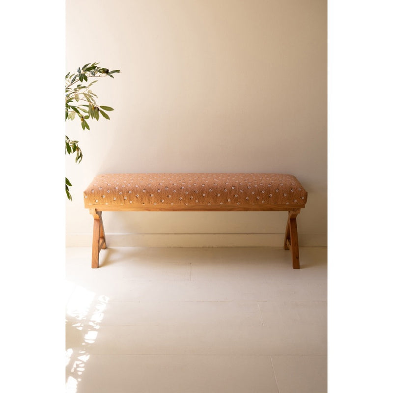 bench brown upholstered pink flowers