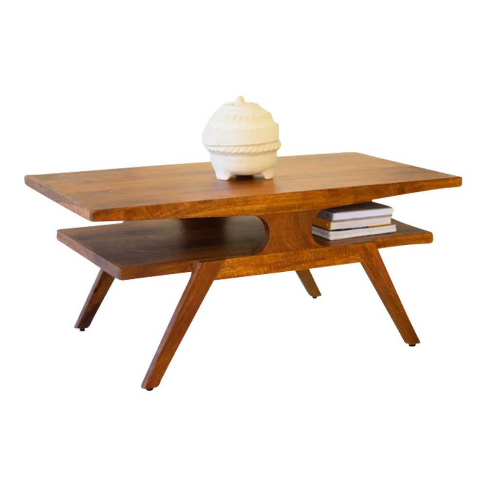 mango wood coffee table teak finish natural built in shelves