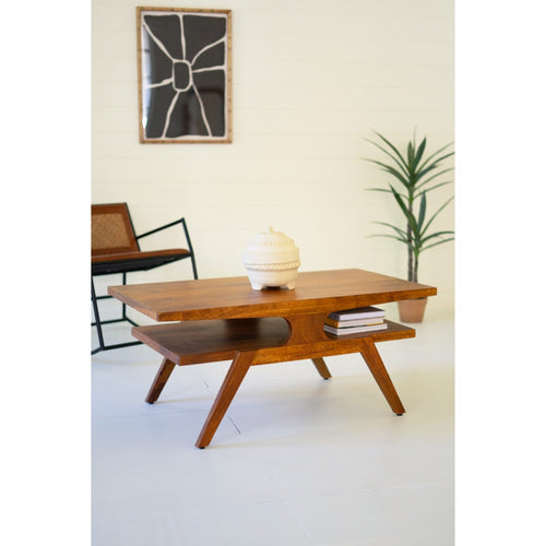 mango wood coffee table teak finish natural built in shelves