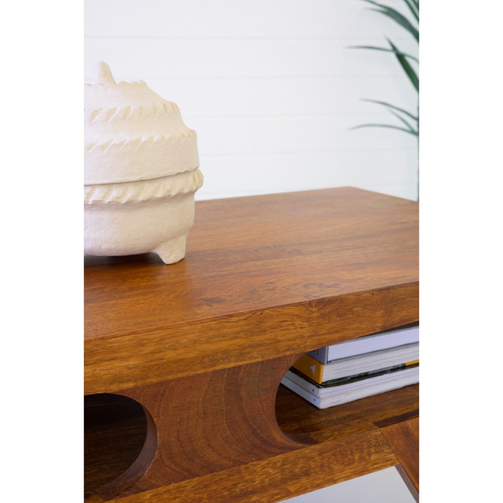 mango wood coffee table teak finish natural built in shelves