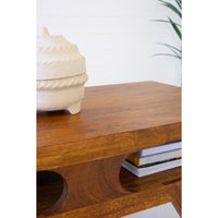 mango wood coffee table teak finish natural built in shelves