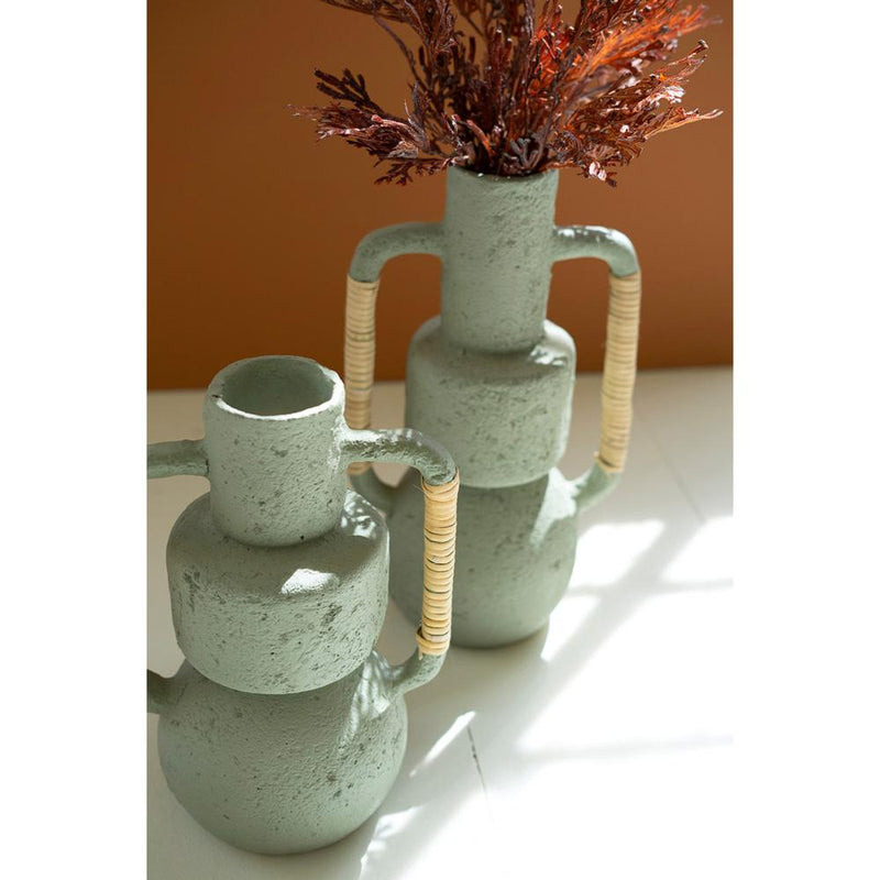 mint paper mache vase set cane wrapped handle