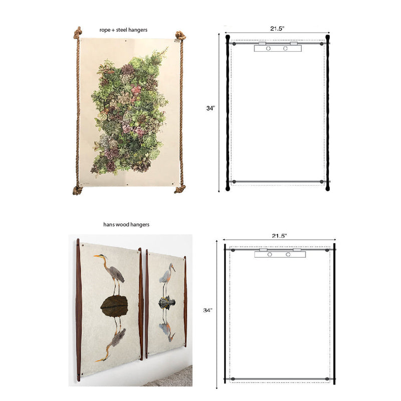 Two wall art pieces with dimensions, one featuring a botanical illustration and rope hangers, the other showcasing cranes with wood hangers. Both custom prints offer frameless hanging options for a sleek look from Barloga Studios' Owl Wings Grand Format Photography Art collection.