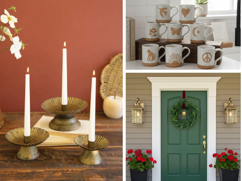 New arrivals collage image of a set of candle holders, mugs, and a door wreath