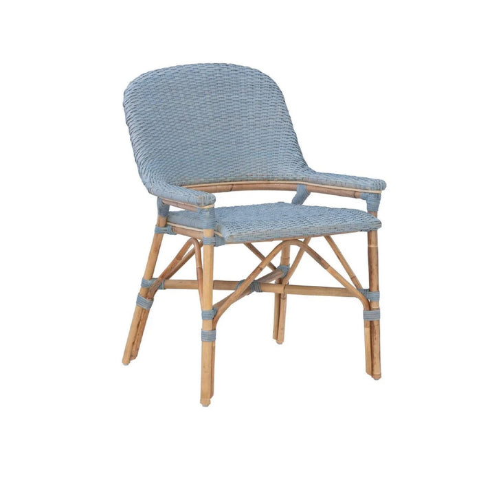 Kenian Newport Beach Coastal Blue Dining Chairs (set of 2) feature rattan frames with wooden legs and armrests.