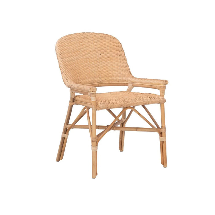 Kenian Newport Beach Natural Dining Chairs (set of 2) feature curved backrests and armrests in rattan style.