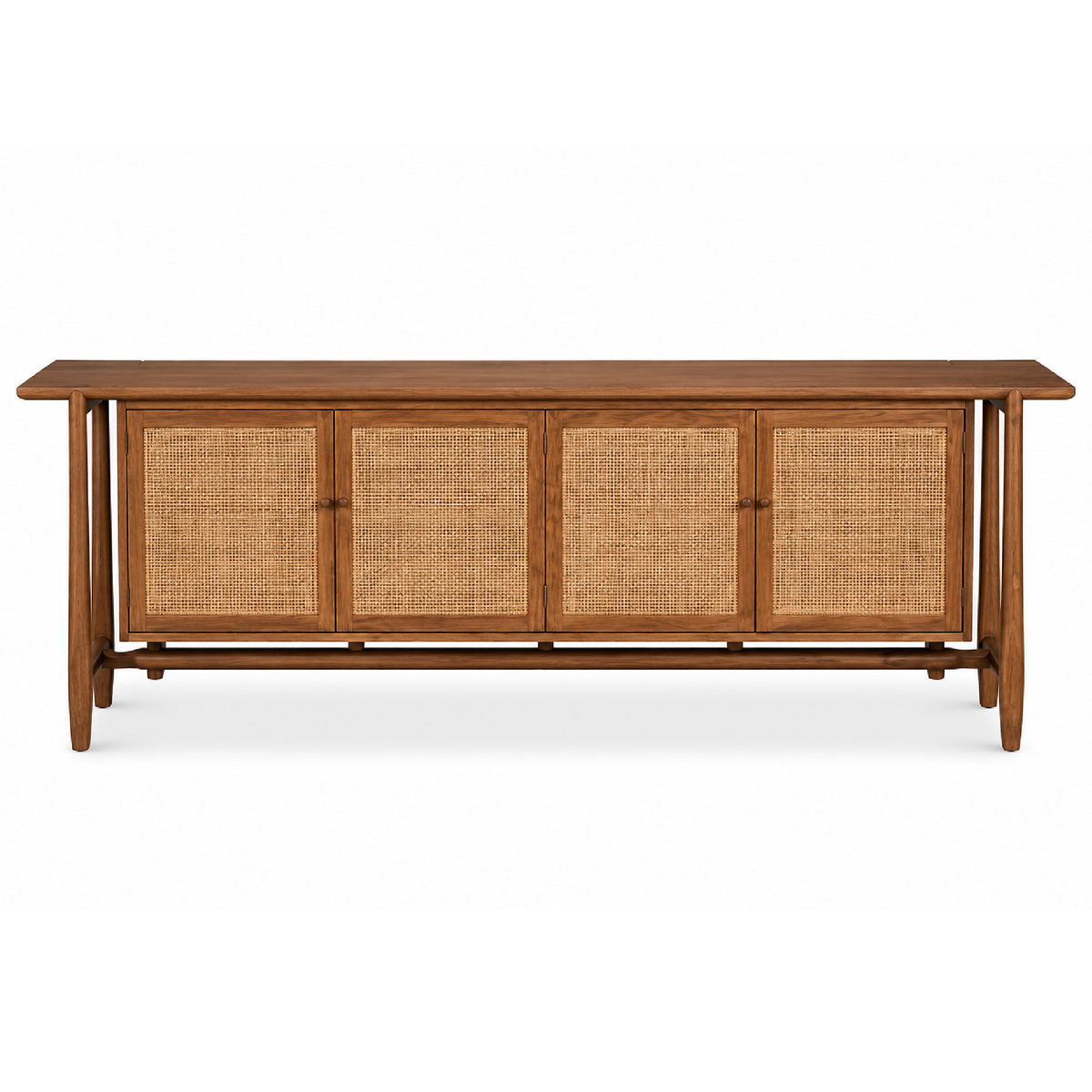 The Nido 4-Door Rattan Sideboard by Sarreid, Ltd. features reclaimed oak and four woven rattan doors.