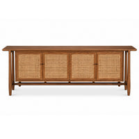 The Nido 4-Door Rattan Sideboard by Sarreid, Ltd. features reclaimed oak and four woven rattan doors.