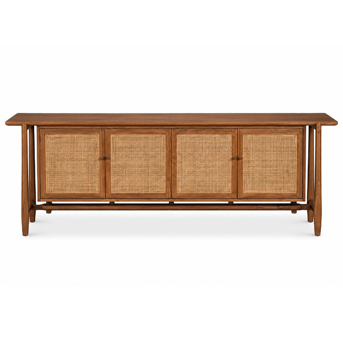 The Nido 4-Door Rattan Sideboard by Sarreid, Ltd. features reclaimed oak and four woven rattan doors.