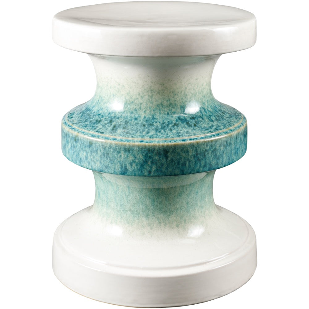 garden stool ceramic outdoor safe teal cream round