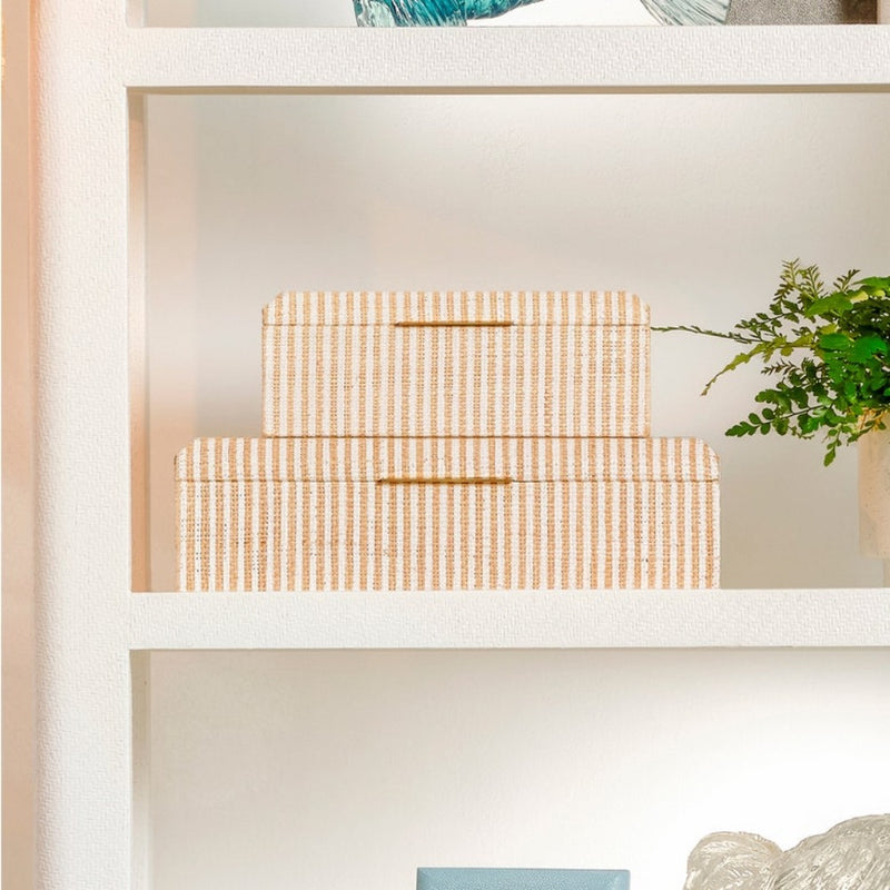 set 2 natural white stripe raffia boxes