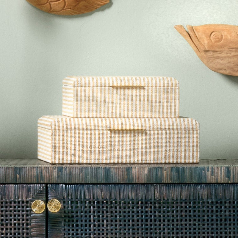 set 2 natural white stripe raffia boxes