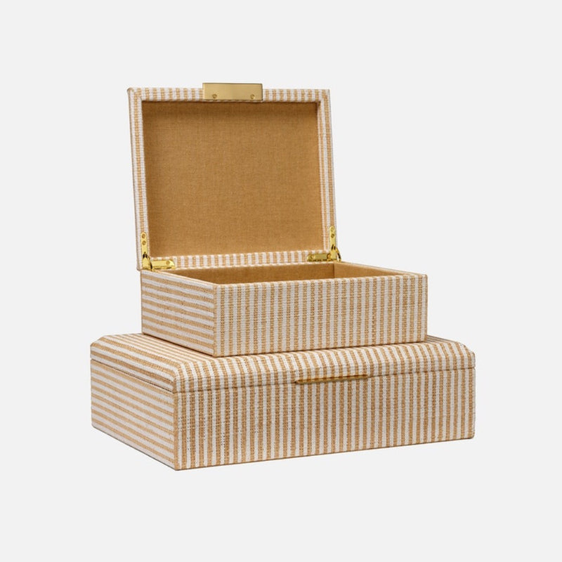 set 2 natural white stripe raffia boxes