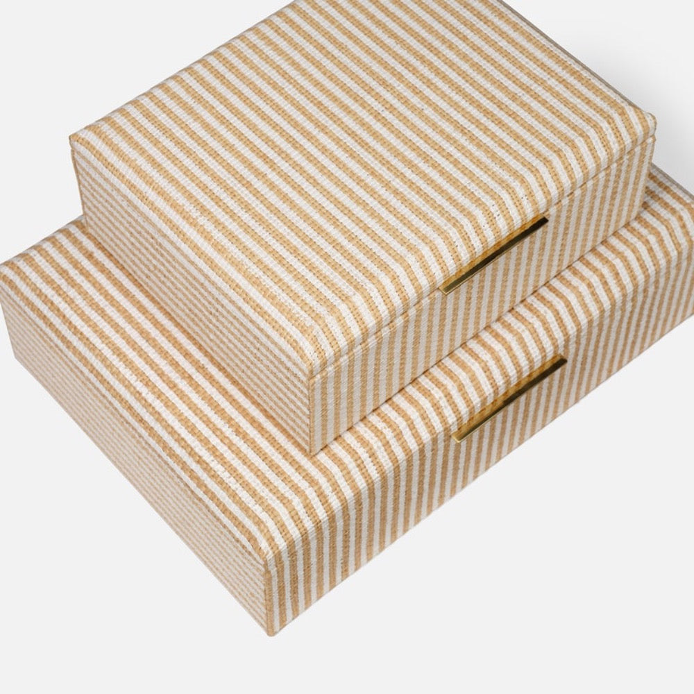 set 2 natural white stripe raffia boxes