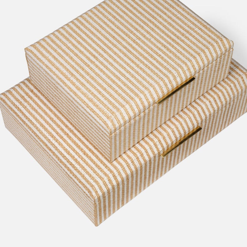 set 2 natural white stripe raffia boxes
