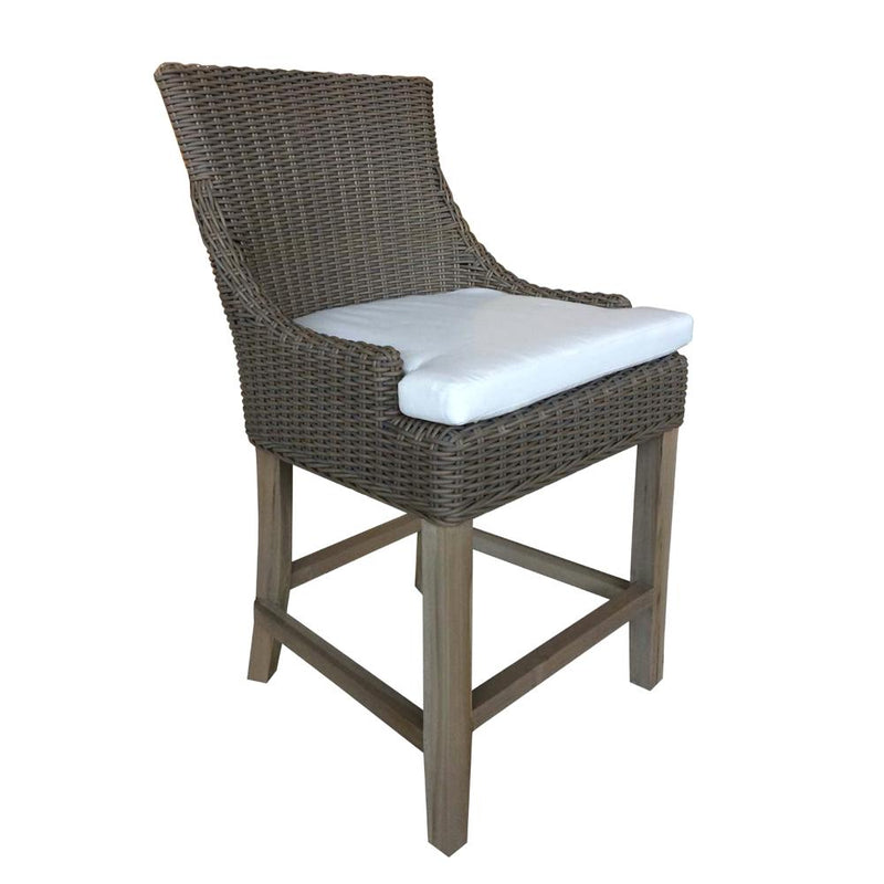 barstool brown woven curved back white seat cushion wood legs Padma's Plantation