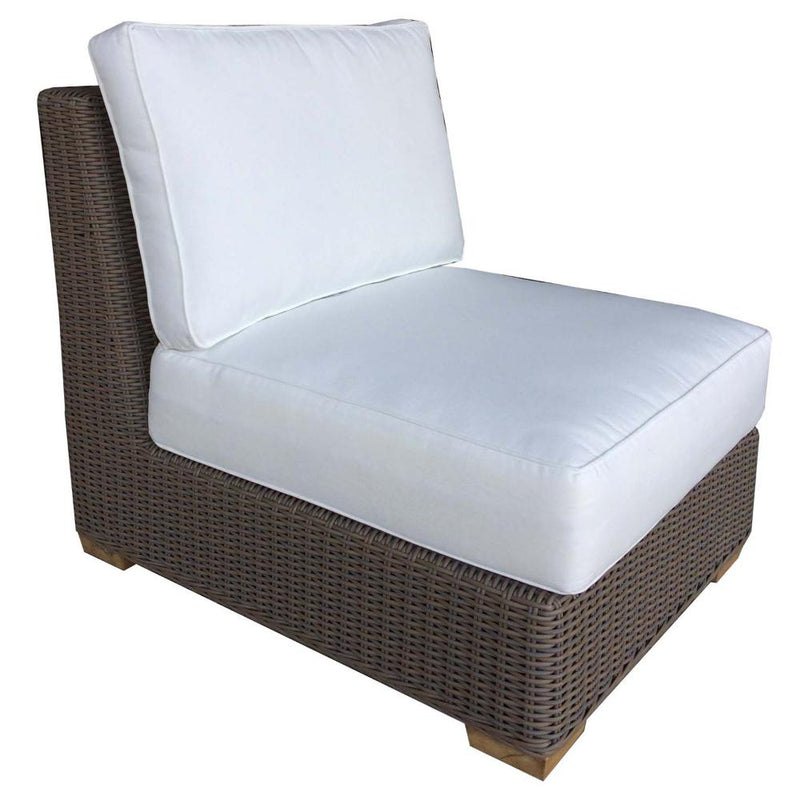 armless chair two white cushions brown Kubu weave all-weather wicker Padma's Plantation