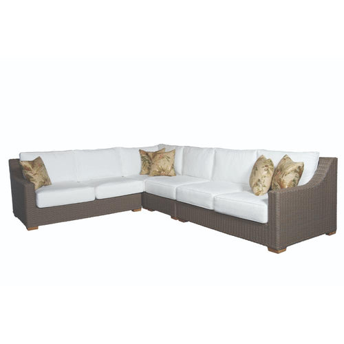 loveseat one arm four white cushions brown Kubu weave all-weather wicker left-facing Padma's Plantation