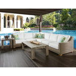 loveseat one arm four white cushions brown Kubu weave all-weather wicker left-facing Padma's Plantation