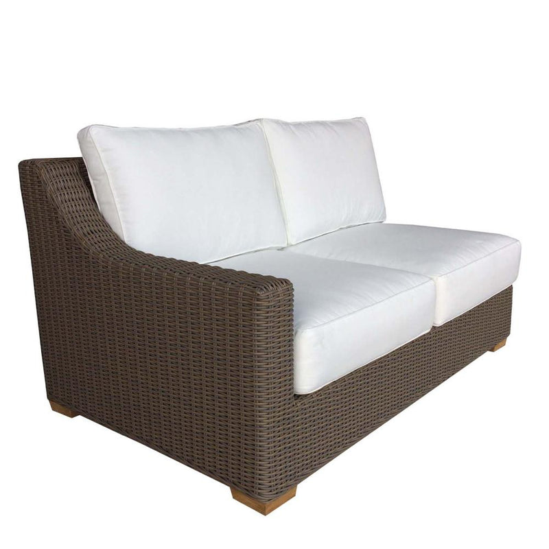 loveseat one arm four white cushions brown Kubu weave all-weather wicker left-facing Padma's Plantation