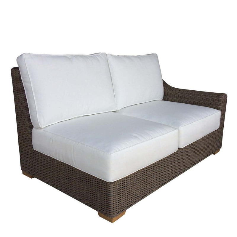 loveseat one arm four white cushions brown Kubu weave all-weather wicker right-facing Padma's Plantation