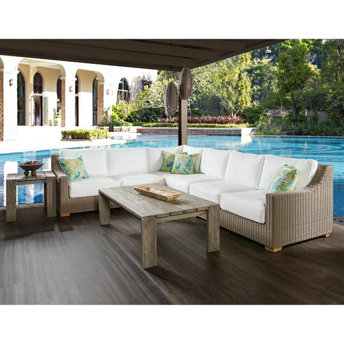 loveseat one arm four white cushions brown Kubu weave all-weather wicker right-facing Padma's Plantation