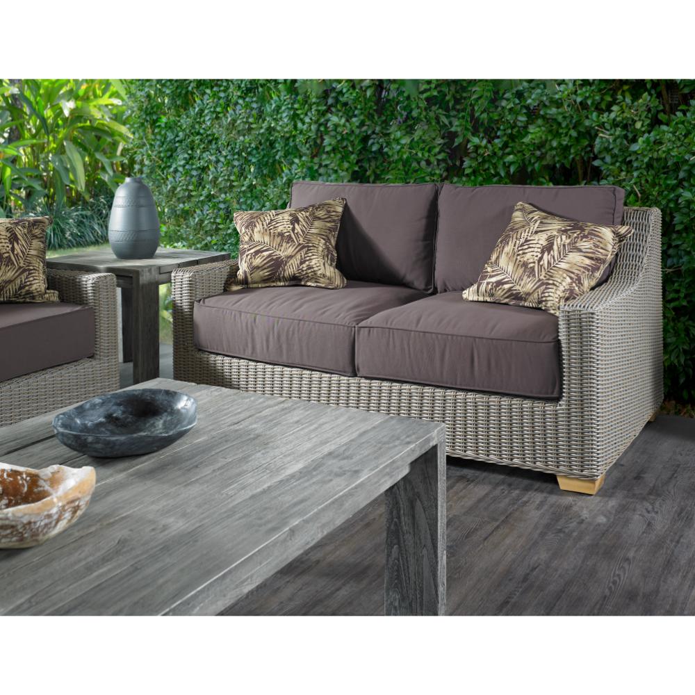 two cushion love seat white loose cushions Kubu weave all-weather wicker brown Padma's Plantation