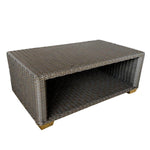 outdoor all-weather gray wicker coffee table aluminum frame teak feet lower shelf