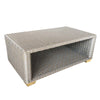 outdoor all-weather gray wicker coffee table aluminum frame teak feet lower shelf