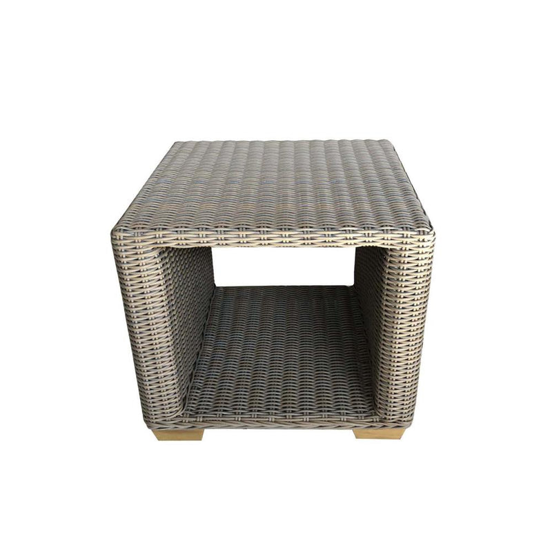 outdoor all-weather gray wicker side end cube table aluminum frame teak feet lower shelf