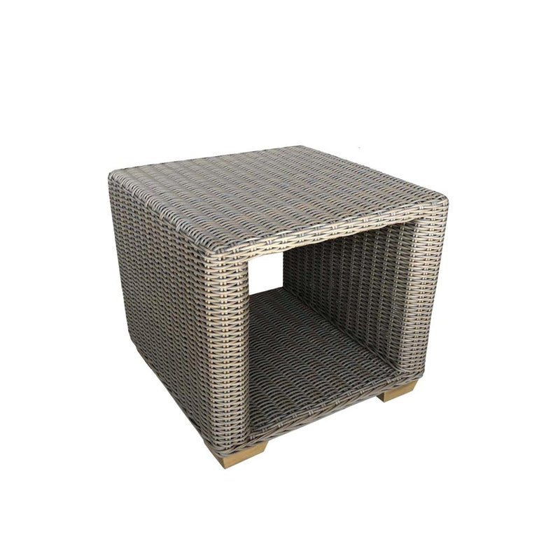 outdoor all-weather gray wicker side end cube table aluminum frame teak feet lower shelf
