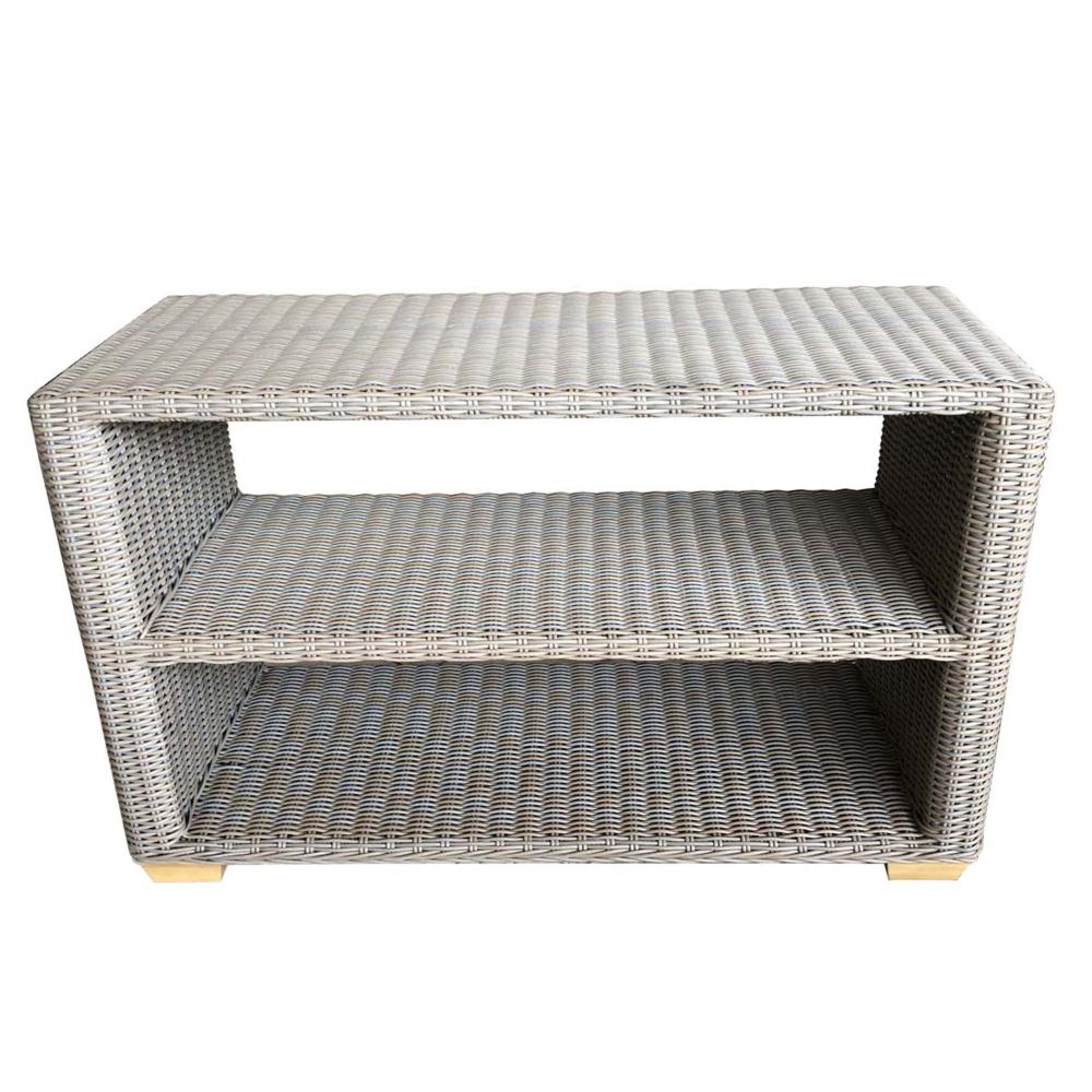 console table serving station outdoor wicker grey kubu weave aluminum frame teak feet shelf