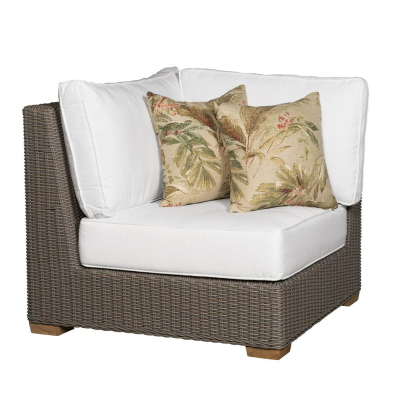 corner chair three white cushions brown Kubu weave all-weather wicker Padma's Plantation