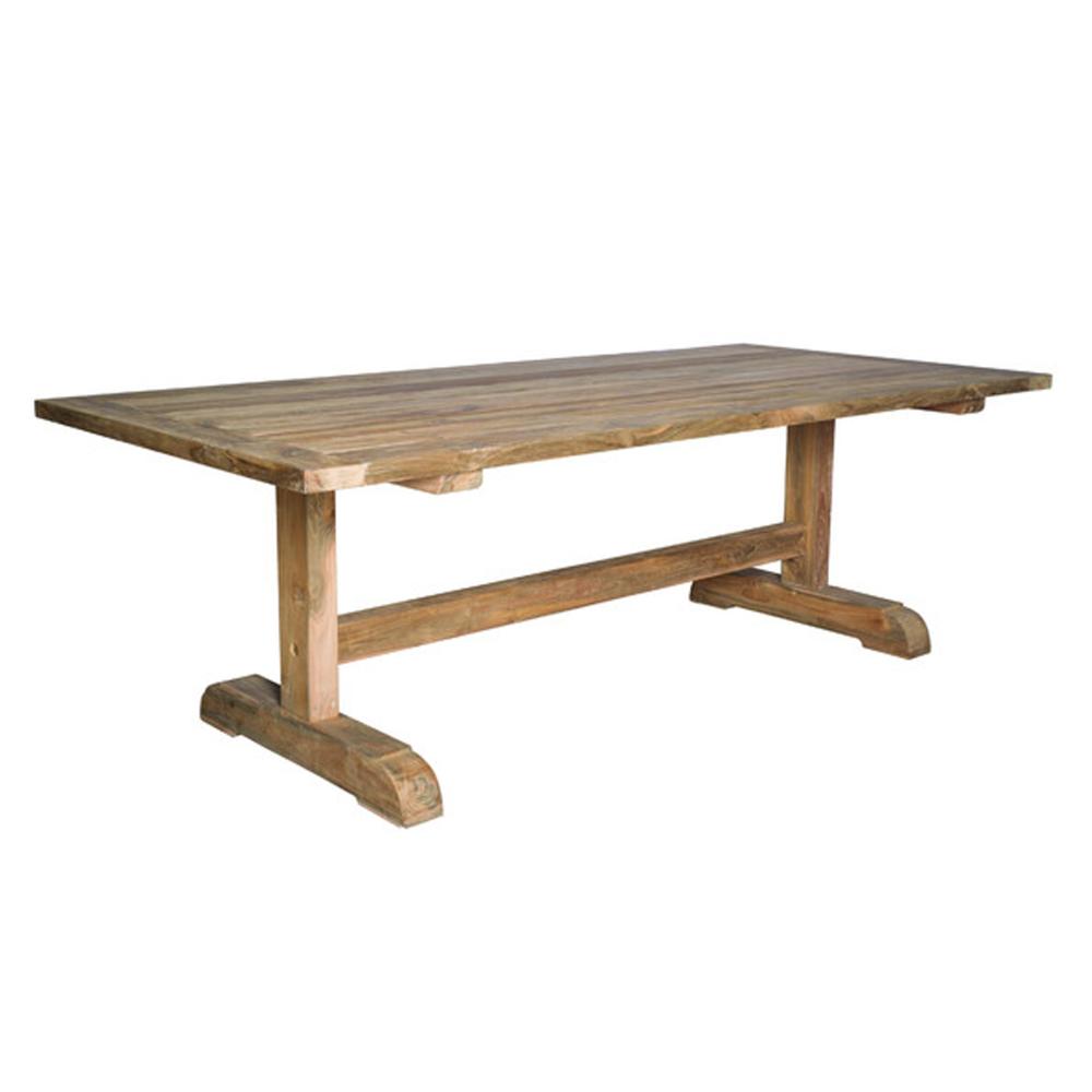 outdoor teak dining table natural long rectangle wood two pedestals stretcher