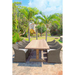 outdoor teak dining table natural long rectangle wood two pedestals stretcher