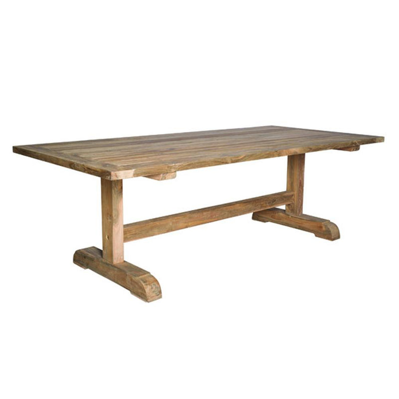 outdoor teak dining table natural long rectangle wood two pedestals stretcher