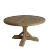 table dining outdoor round reclaimed wood teak pedestal base plank top