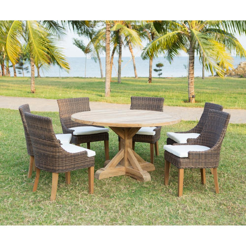 table dining outdoor round reclaimed wood teak pedestal base plank top
