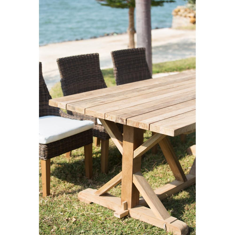 table dining outdoor rectangle long reclaimed wood teak plank top