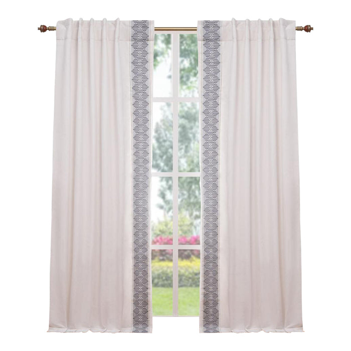 white linen blend curtain panels gray silver embroidered edge