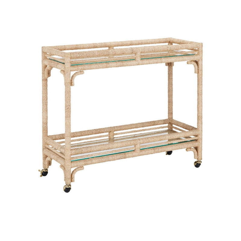 bar cart 2 shelves glass rope wrapped frame casters