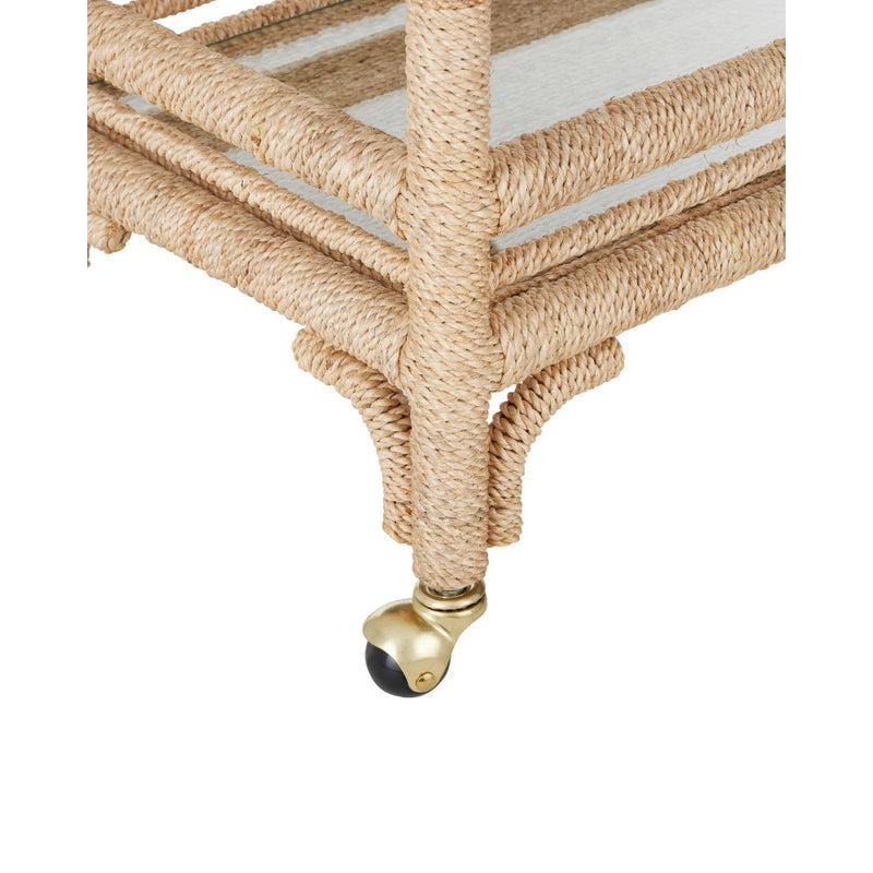 bar cart 2 shelves glass rope wrapped frame casters