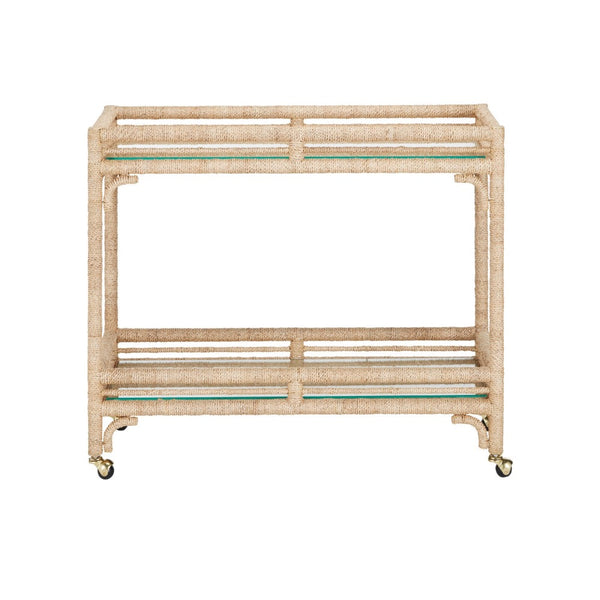 bar cart 2 shelves glass rope wrapped frame casters