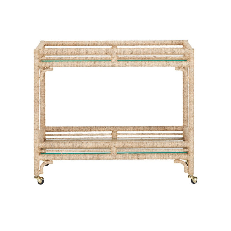 bar cart 2 shelves glass rope wrapped frame casters