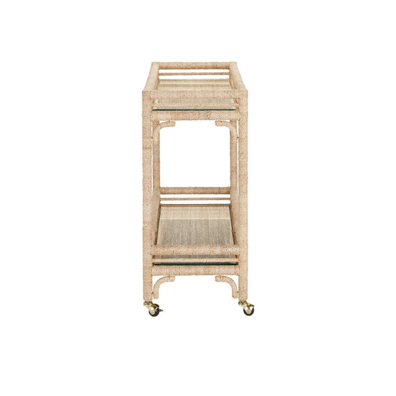 bar cart 2 shelves glass rope wrapped frame casters
