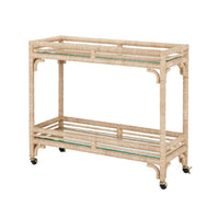 Currey & Company Olisa Rope Bar Cart features two glass shelves and a wrought iron frame, shown on a white background.